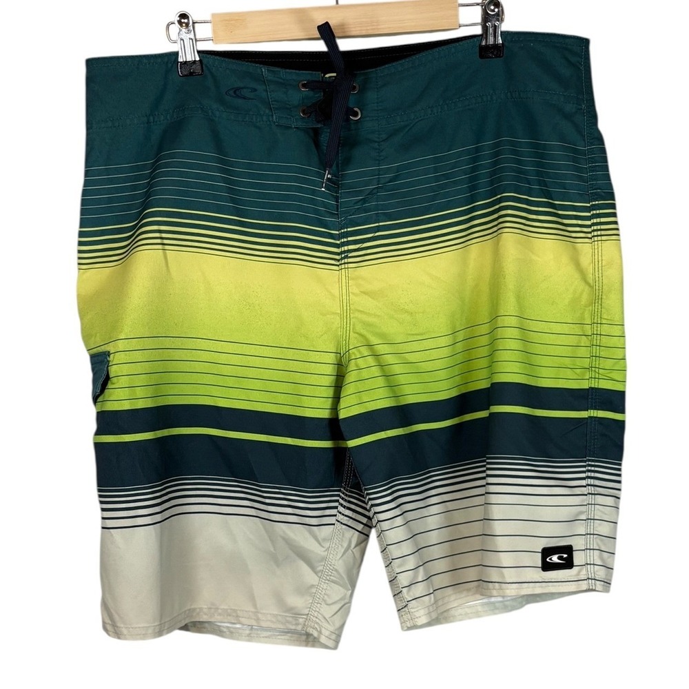 ONeill Mens Board Shorts Size 36 Teal Lime Green Striped Swim Trunks SP9106031D